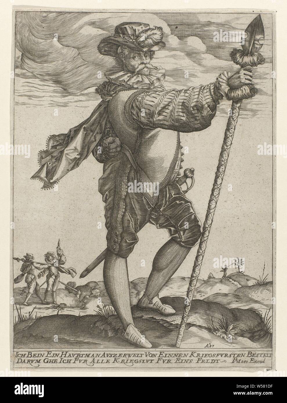 Officer with lance Three military officers from the Dutch army (series title), An officer with a stab weapon (partisan) in his right hand standing in a landscape. In the background infantry troops. Below the show two lines of text in German., Helved weapons, polearms (for striking, hacking, thrusting): lance, Pieter Maes, Keulen, 1587, paper, engraving, h 212 mm × w 156 mm Stock Photo