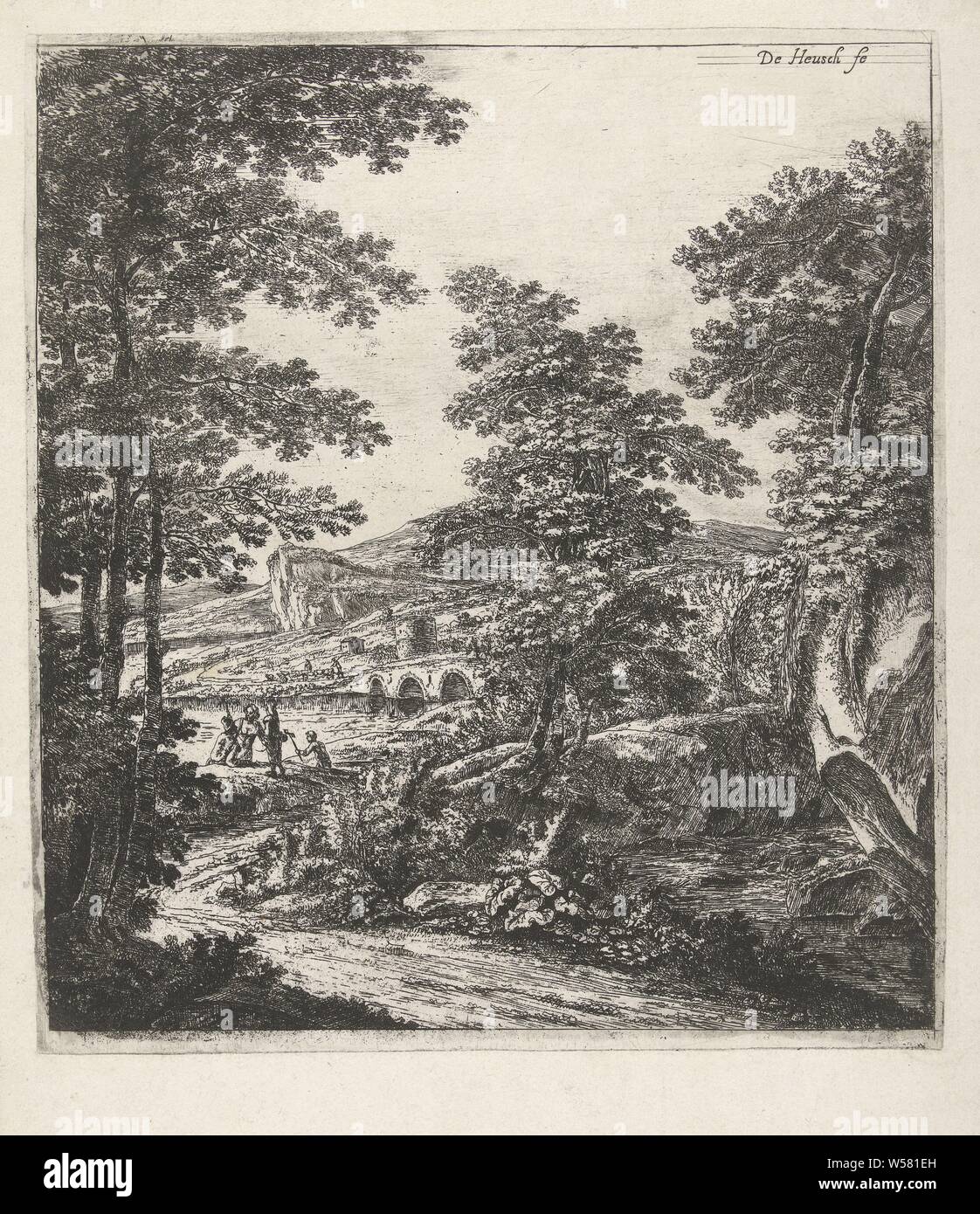 Landscape with a stone bridge, Landscapes (series title), Willem de Heusch (mentioned on object), Utrecht, c. 1635 - 1692, paper, etching, h 261 mm × w 235 mm Stock Photo