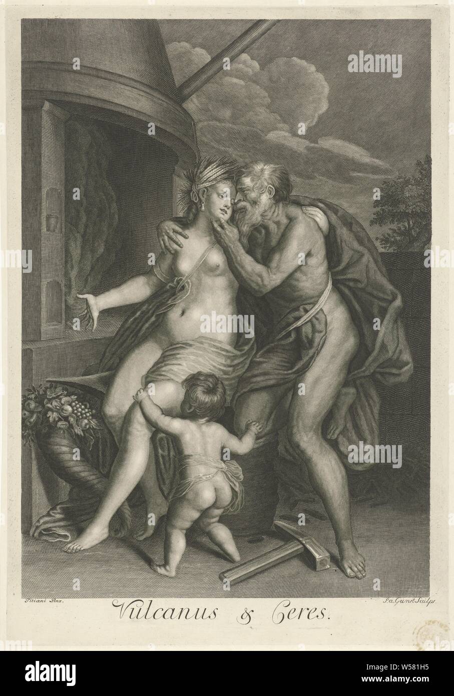 Vulcan and Ceres (title on object) Mythological love stories (series title), Ceres is in front of the fire of the blacksmith. Vulcan kisses her. In the foreground Cupid and the cornucopia, love affairs or Vulcan, love affairs of Ceres, (story of) Cupid, Amor (Eros), Pieter van Gunst (mentioned on object), Amsterdam, 1659 - 1731, paper, engraving, h 428 mm × w 298 mm Stock Photo