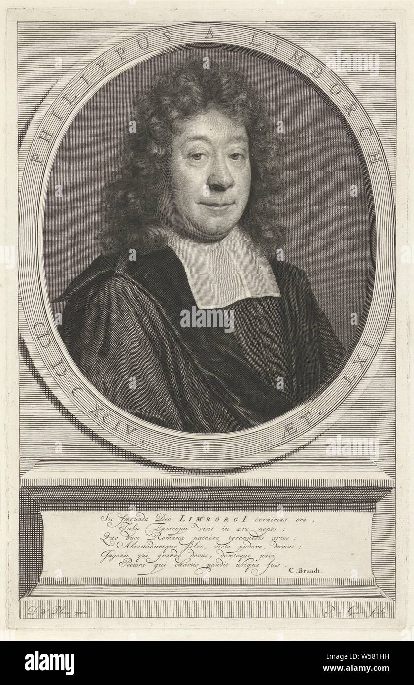 Portrait of Philippus van Limborch at the age of 61, Philippus van Limborch at the age of 61. Amsterdam pastor and professor of remonstrants. The print has a Latin caption about his life., Philippus van Limborch, Pieter van Gunst (mentioned on object), Amsterdam, 1695 - 1731, paper, engraving, h 275 mm × w 177 mm Stock Photo
