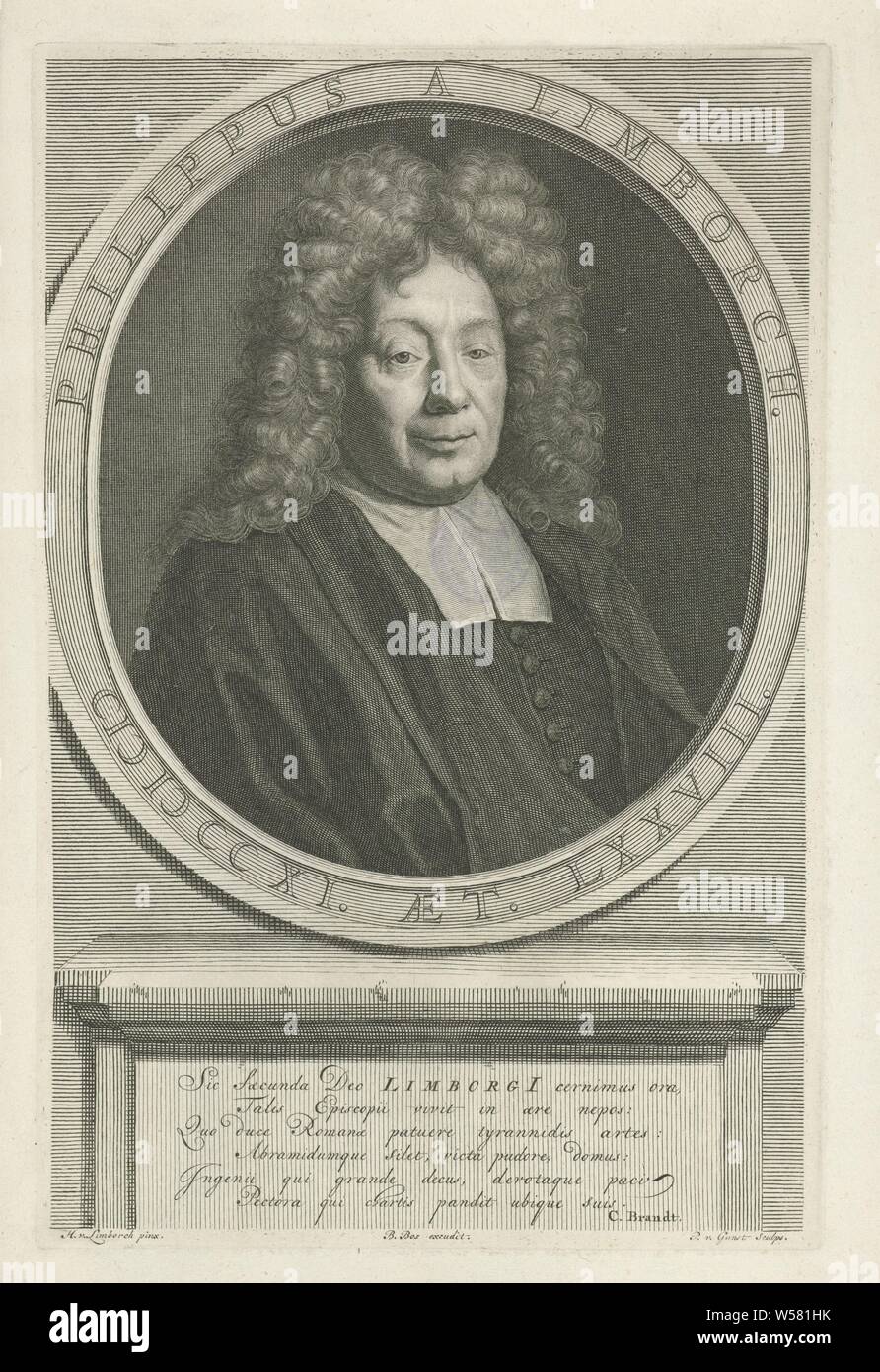 Portrait of Philippus van Limborch at the age of 78, Philippus van Limborch at the age of 78. Amsterdam pastor and professor of remonstrants. The print has a Latin caption about his life., Philippus van Limborch, Pieter van Gunst (mentioned on object), Amsterdam, 1711 - 1731, paper, engraving, w 180 mm × h 276 mm Stock Photo