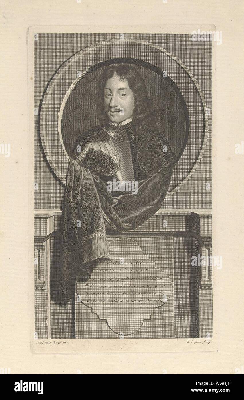 Portrait of James Hamilton, first duke of Hamilton, James Hamilton, count of Aran and first duke of Hamilton. General of the Scottish Army during the English Civil War. The print has a French poem about his life as a caption., James I Hamilton (duke of Hamilton), Pieter van Gunst (mentioned on object), Amsterdam, c. 1669 - 1731, paper, etching, h 318 mm × w 182 mm Stock Photo