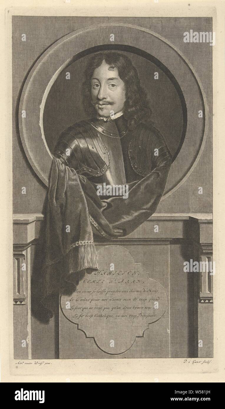 Portrait of James Hamilton, first duke of Hamilton, James Hamilton, count of Aran and first duke of Hamilton. General of the Scottish Army during the English Civil War. The print has a French poem about his life as a caption., Pieter van Gunst (mentioned on object), Amsterdam, c. 1669 - 1731, paper, etching, h 314 mm × w 185 mm Stock Photo