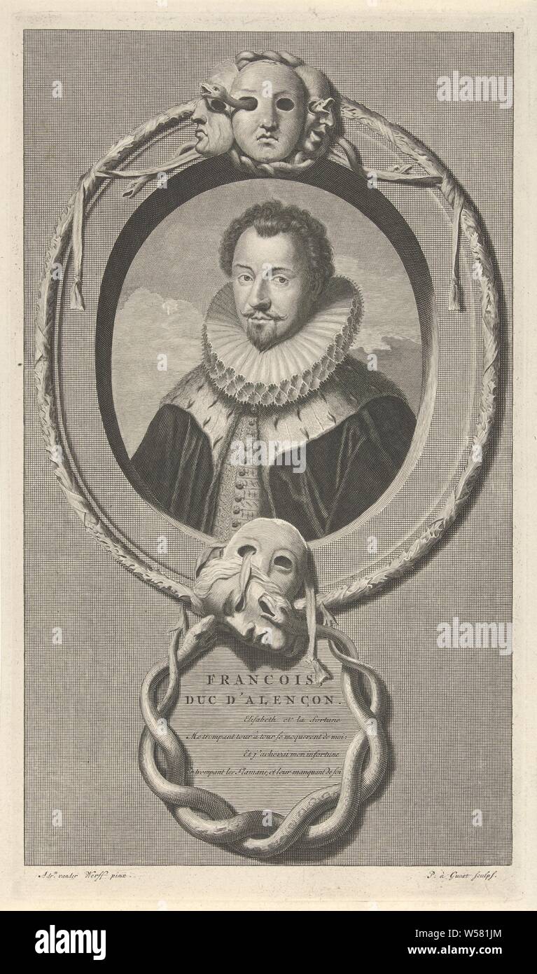 Portrait of François-Hercule de Valois, Duke of Anjou and Alençon, François-Hercule de Valois, Duke of Anjou and Alençon. The youngest son of King Henry II of France and for a short time the lord of the Netherlands, appointed by the States General. Underneath the print is a French poem about his life., François-Hercule de Valois (Duke of Anjou), Pieter van Gunst (mentioned on object), Amsterdam, c. 1669 - 1731, paper, etching, h 317 mm × w 184 mm Stock Photo