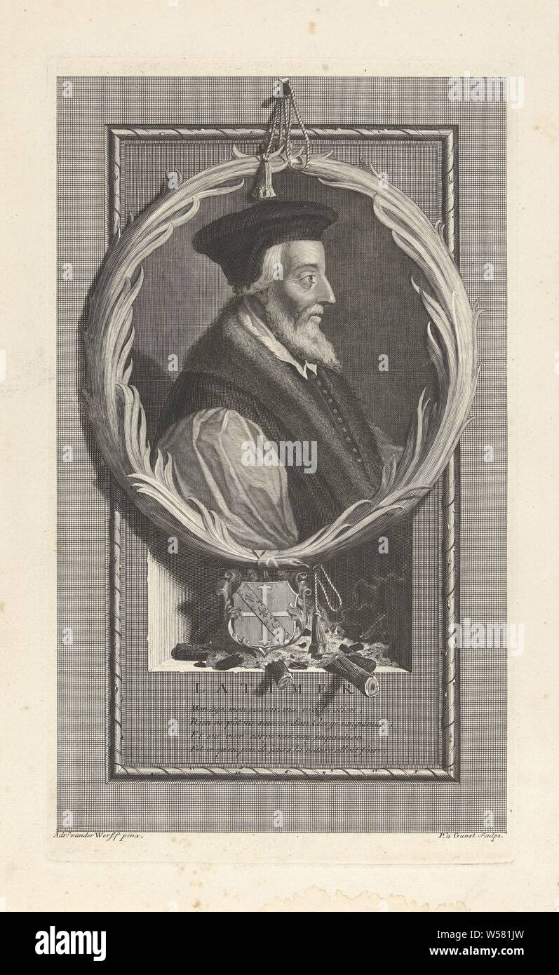 Portrait of Bishop Hugh Latimer, Hugh Latimer, Bishop of Worcester and Protestant Martyr. Below the portrait are coat of arms on the axes of a stake. The print has a French poem about his life as a caption., Violent death by burning at the stake, pyre, Pieter van Gunst (mentioned on object), Amsterdam, c. 1669 - 1731, paper, etching, h 318 mm × w 185 mm Stock Photo