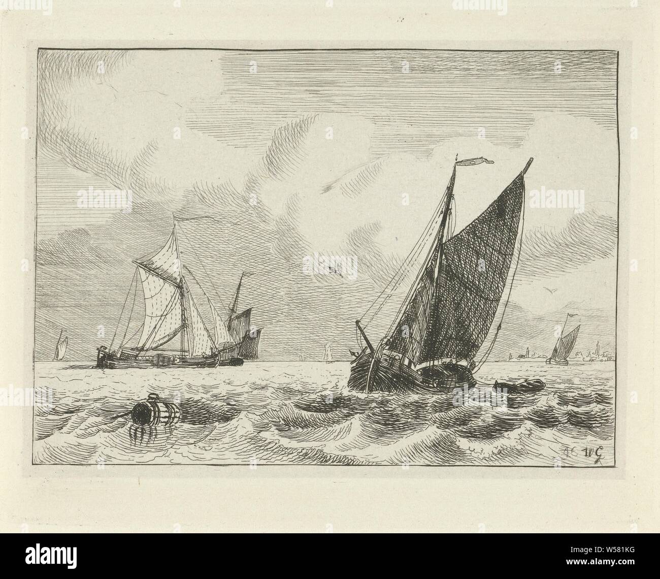 Inland water with sailing ships, a ton in the foreground on the left, sailing-ship, sailing-boat, Willem Gruyter jr. (mentioned on object), Amsterdam, 1846, paper, etching, h 110 mm × w 149 mm Stock Photo