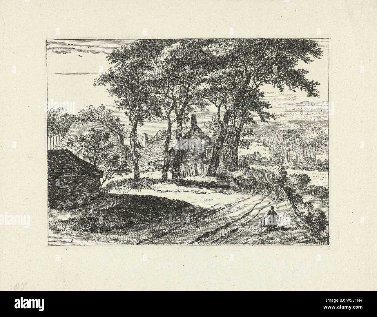 Forest landscape with farms Landscapes (series title), Forest landscape with farm. Front right a country road with mother and child. A man rider meets them. Fifth print from a series of six with landscapes., Landscapes (landscape with figures, staffage), mother and baby or young child, Johannes Gronsveld, Amsterdam, 1679 - 1728, paper, engraving, h 145 mm × w 198 mm Stock Photo
