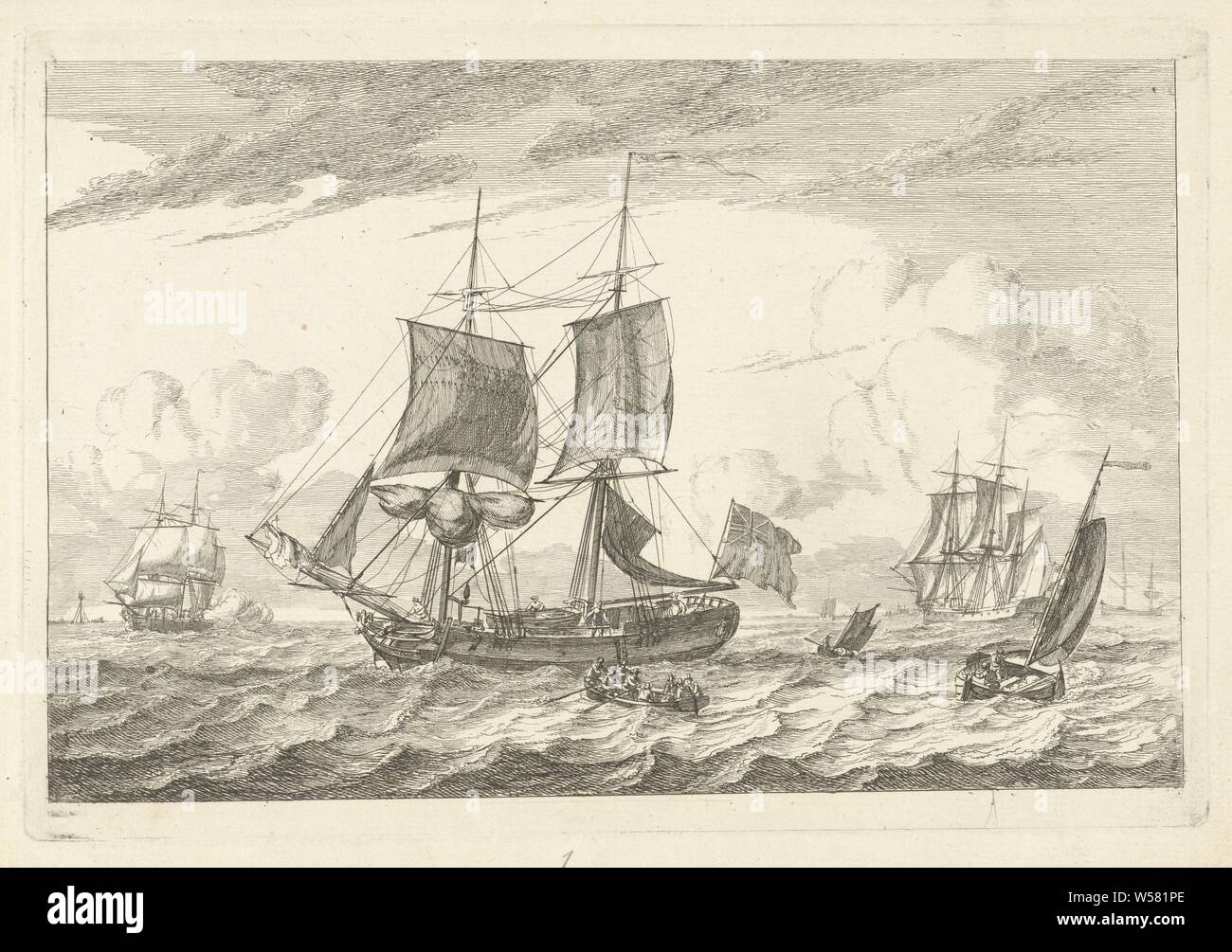 English two-mast on rough water Various ships (series title), Various sailing ships on turbulent water. In the foreground a two-master with an English flag. There is a sloop on the deck of the boat. A rowing boat with eight figures is shown next to the two-master. This print is part of a series of five prints with different ships on open water., Rowing-boat, canoe, etc., ships (in general), Gerrit Groenewegen, Rotterdam, in or before 1793, paper, engraving, h 182 mm × w 269 mm Stock Photo