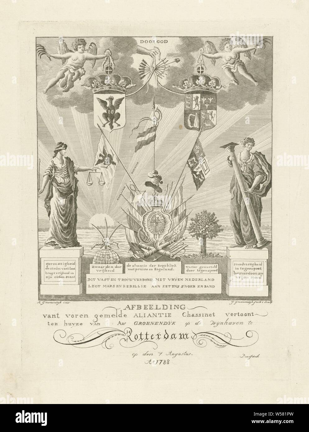 Allegory of the Triple Alliance between the Republic of the Seven United Provinces, Prussia and the United Kingdom, 1788 Depiction of the aforementioned aliance chassinet shows (title on object), Allegory of the Triple Alliance from 1788 in rebus form. In the center the coat of arms of the Republic of the Seven United Provinces. Above it the coats of arms of Prussia (left) and the United Kingdom (right), held up by angels and by the hand of God. In addition to the coats of arms three swords that are tied together and the personification Justice. On the right a rooted tree and Stock Photo