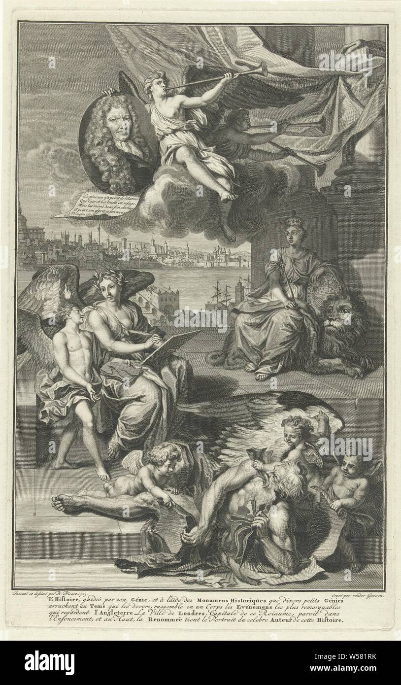 Allegory on the history of Great Britain with the portrait of Isaac de Larrey, The personification history, sitting on the floor, writes the history of Great Britain together with the personification Inspiration. Right at a pillar the personification of Great Britain, sitting on a lion. In her hands the coat of arms of Great Britain. In the foreground, three putti try to stop Winged Time, which is tearing up and eating up books. Above the personification Fame, blowing on a portrait. She carries the portrait in an oval frame by the French historian Isaac de Larrey. In the background the city Stock Photo
