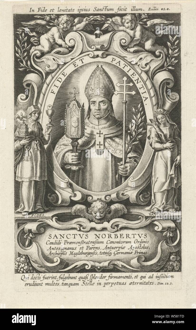 Portrait of Saint Norbert, In an oval frame the portrait of Saint Norbert, with in his hands a chalice and a palm branch. Saint Norbert is wearing his bishop's robe. On both sides of the portrait the personifications of Faith (left) and of Patience (right). The print has two Latin captions: one in a cartouche and one under the cartouche., The founder of the Praemonstratensians, and archbishop of Magdeburg, Norbert, possible attributes: chalice (with spider), devil under feet, monstrance, the heretic Tankelin - portrait of male saint, Faith, 'Fides', 'Fede', 'Fede catholica', 'Fede christiana Stock Photo