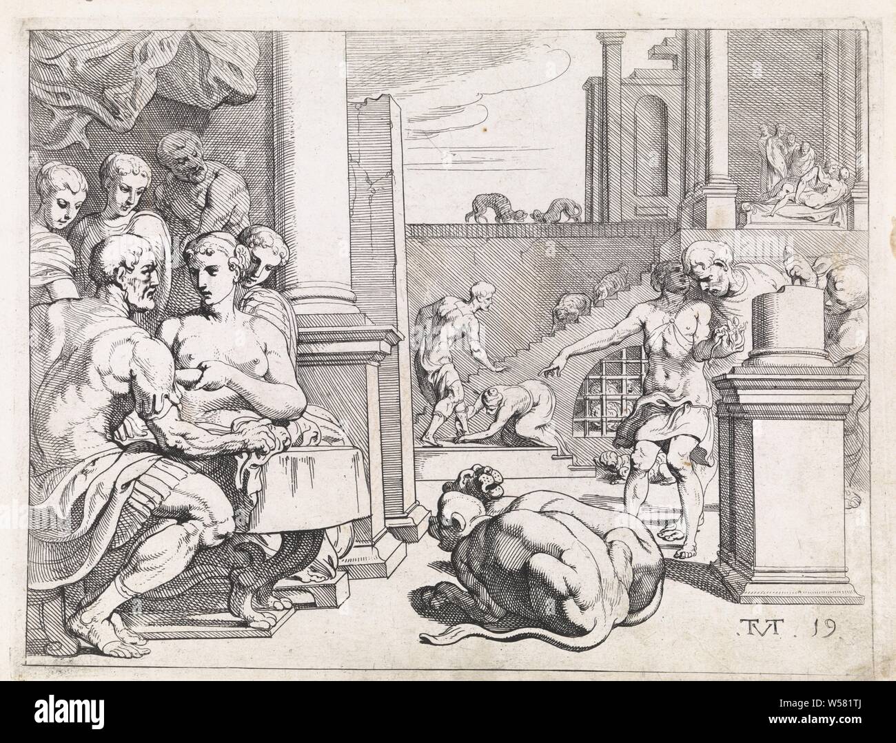 Odysseus in the palace of Circe The works of Odysseus (series title), Odysseus in the palace of Circe. On the right, Mercury offers Odysseus an herb that acts as an antidote to the potion of Circe. Odysseus eats it and goes to Circe. There the men of Odysseus have turned into animals and pigs because they have been drinking from the potion. On the left in the foreground, Circe offers the potion to Odysseus. The drink has no effect on him and he asks her to give his men their human form back. Circe granted this request, but asked Odysseus to go to bed with her first. This happens in the top Stock Photo