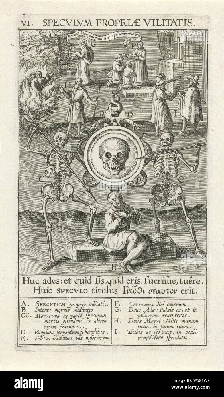 Mirror of life Specvlvm propriae vilitatis (title on object) Twelve mirrors with which man tries to see God (series title) Duodecim Specula Deum (series title), In the foreground a mirror with a skull. Four snakes around the mirror, symbolizing original sin. A believer is sitting under the mirror on a coffin. Two skeletons stand on either side of the mirror and point their arrows at the believer. In the background Moses and the burning bush, Adam and Eve in Earthly Paradise, the blessing of two devout believers by a priest, At the back right a boy with a splinter in his eye is reprimanded by Stock Photo