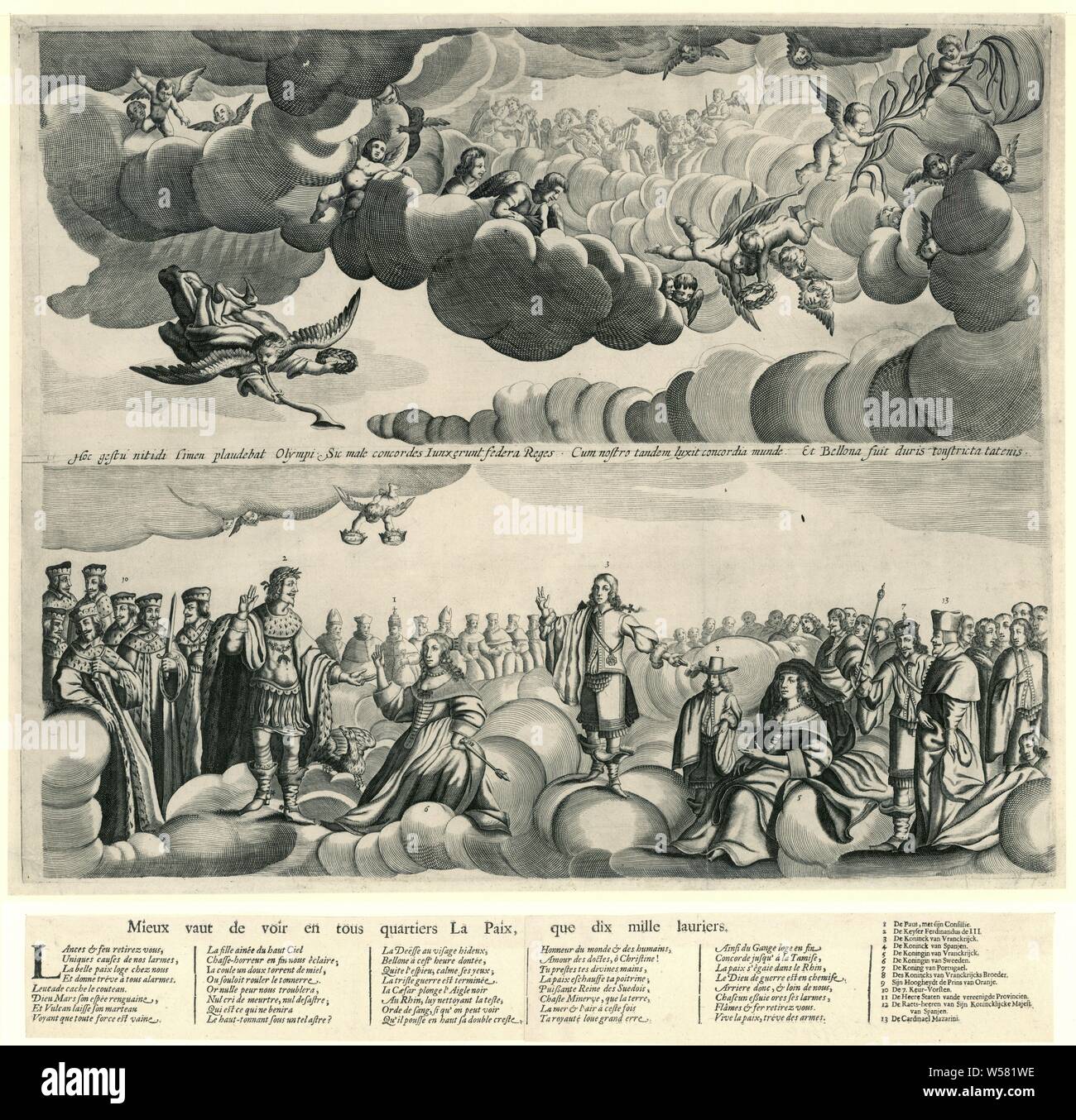 Allegory of the Peace of Westphalia (left sheet), 1648, 1648. The representation on the left sheet shows above the sky with angels and below a group of princes the clouds. Several people take an oath. A Latin text runs through the clouds. Depicted are, among others: Louis XIV, Emperor Ferdinand III and Queen Christina of Sweden. The print includes a text sheet with a French verse in 5 columns and a legend 1-13 in Dutch., Ferdinand III (German emperor), Christina (queen of Sweden), Louis XIV (king of France), Johan IV (king of Portugal), Anna of Austria (Queen of France), Giulio Raimondo Stock Photo