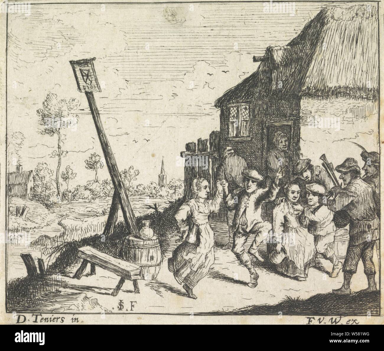 Dance for the inn, A couple dances for an inn to the music of a bagpipe player. In front of the inn are drinking farmers, one pair dancing, man and woman dancing as a couple, bagpipe, musette, Monogrammist SI (mentioned on object), Antwerp, 1624 - 1679, paper, etching, h 90 mm × w 105 mm Stock Photo