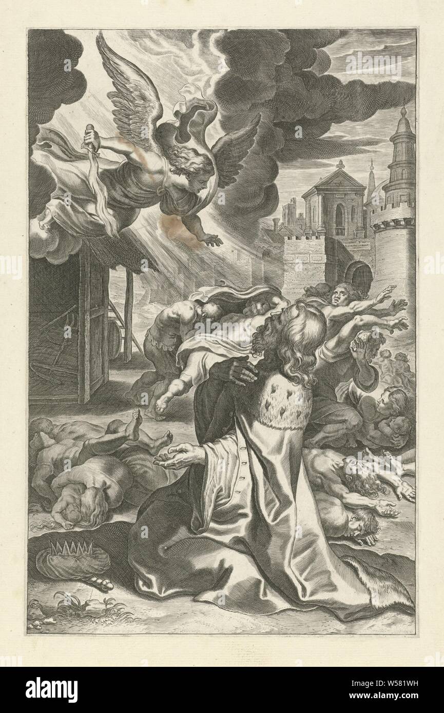 King David sees the angel of death Scenes from the Old and New Testament (series title) Breviarium romanum (series title), An angel with a flaming sword attacks people from heaven. Kneeling King David sees the angel sowing death and destruction among the people of Israel. He begs God for mercy. The print is part of a series with scenes from the Old and New Testament., David sees the avenging angel in Jerusalem, he prays to God, Theodoor Galle (possibly), Antwerp, c. 1612 - c. 1616, paper, engraving, w 194 mm × h 299 mm Stock Photo