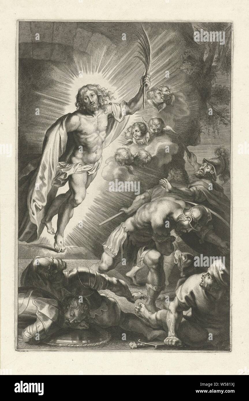 Resurrection of Christ Scenes from the Old and New Testament (series title) Breviary romanum (series title), Christ rises from his grave. Angels surround him. The sleeping soldiers wake up and flee. The print is part of a series with scenes from the Old and New Testament., Christ, usually holding a banner, arises from the grave, often combined with sleeping and / or frightened soldiers, Theodoor Galle (possibly), Antwerp, 1612 - 1616, paper, engraving, h 253 mm × w 172 mm Stock Photo