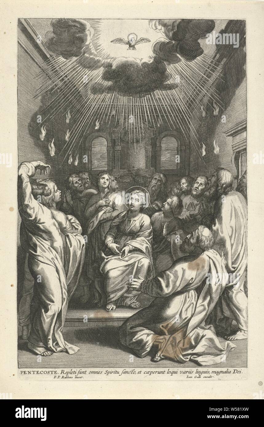 Outpouring of the Holy Spirit Pentecoste (title on object), Mary and the disciples of Christ are sitting in a room. The dove of the Holy Spirit appears in the midst of the group. Above the heads of the apostles and Mary, fiery tongues burn, symbolizing the outpouring of the Holy Spirit in their hearts. The print has a Latin signature., Pentecost: the Holy Ghost descending upon (Mary and) the apostles, sometimes Paul and / or representatives of the nations present (Acts 2: 1-4), anonymous, Antwerp, 1614 - 1676, paper, engraving, w 193 mm × h 303 mm Stock Photo