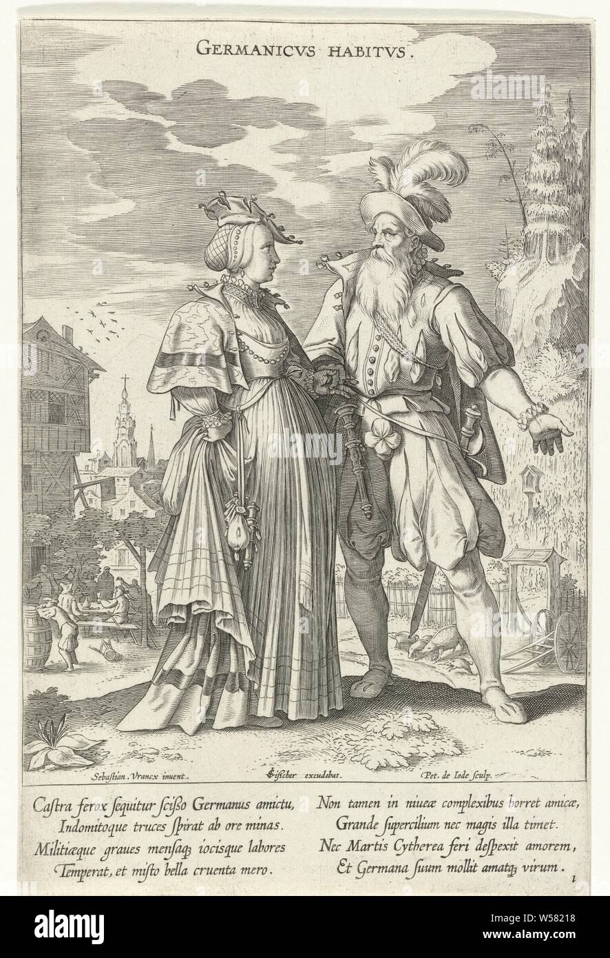 Variium Gentium Ornatus (Costumes of Different Nations) Couple dressed in German fashion ca. 1610 Germanicvs habitvs (title on object) Costumes from different countries (series title) Variarum Gentium Ornatus (series title), Landscape with a couple dressed in German fashion from the early 17th century. The woman is holding up her skirt. On the left in the background a tavern with partying and drinking figures. Right in the background a forest and pigs by a cart. In the margin, in two columns, a caption in Latin. First print from a series of ten with costumes from different countries, Europeans Stock Photo