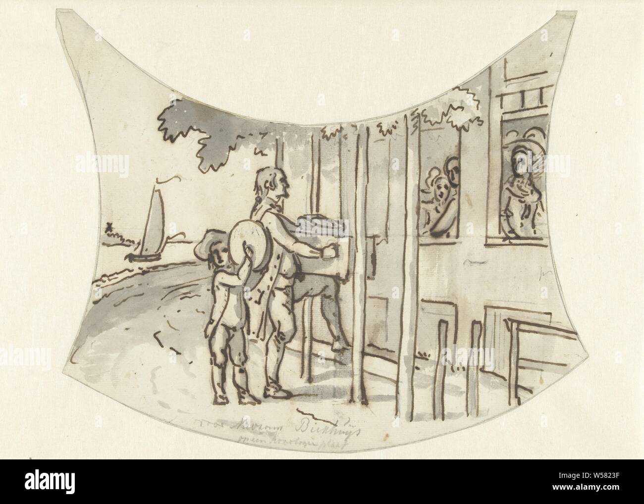 Design for the plate of a clock with an organ man for a house, Design for a timepiece., barrel-organ player, Jurriaan Andriessen, c. 1752 - c. 1819, paper, ink, graphite (mineral), brush, h 240 mm × w 290 mm Stock Photo