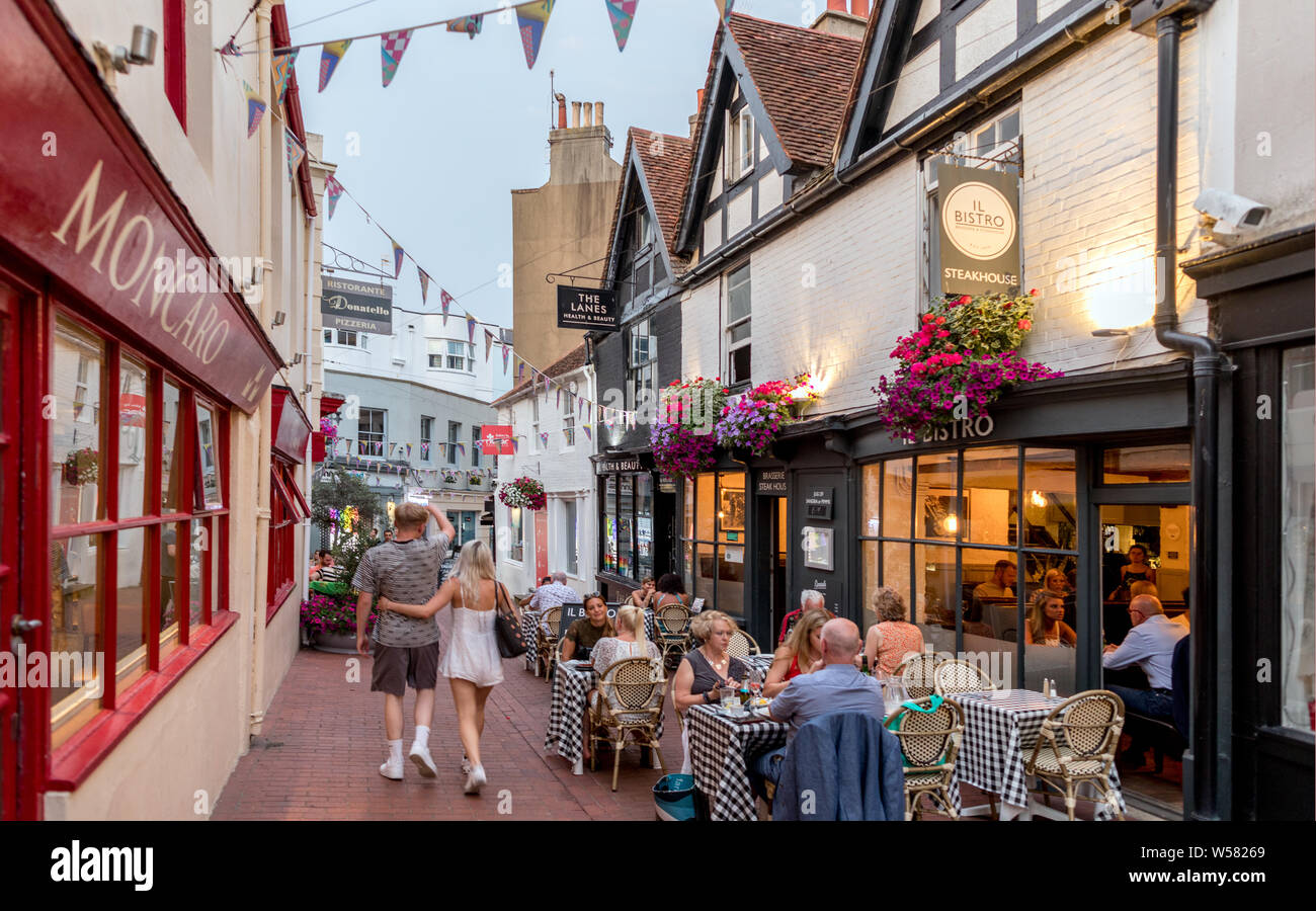 Restaurants in The Lanes at Night Brighton UK Stock Photo