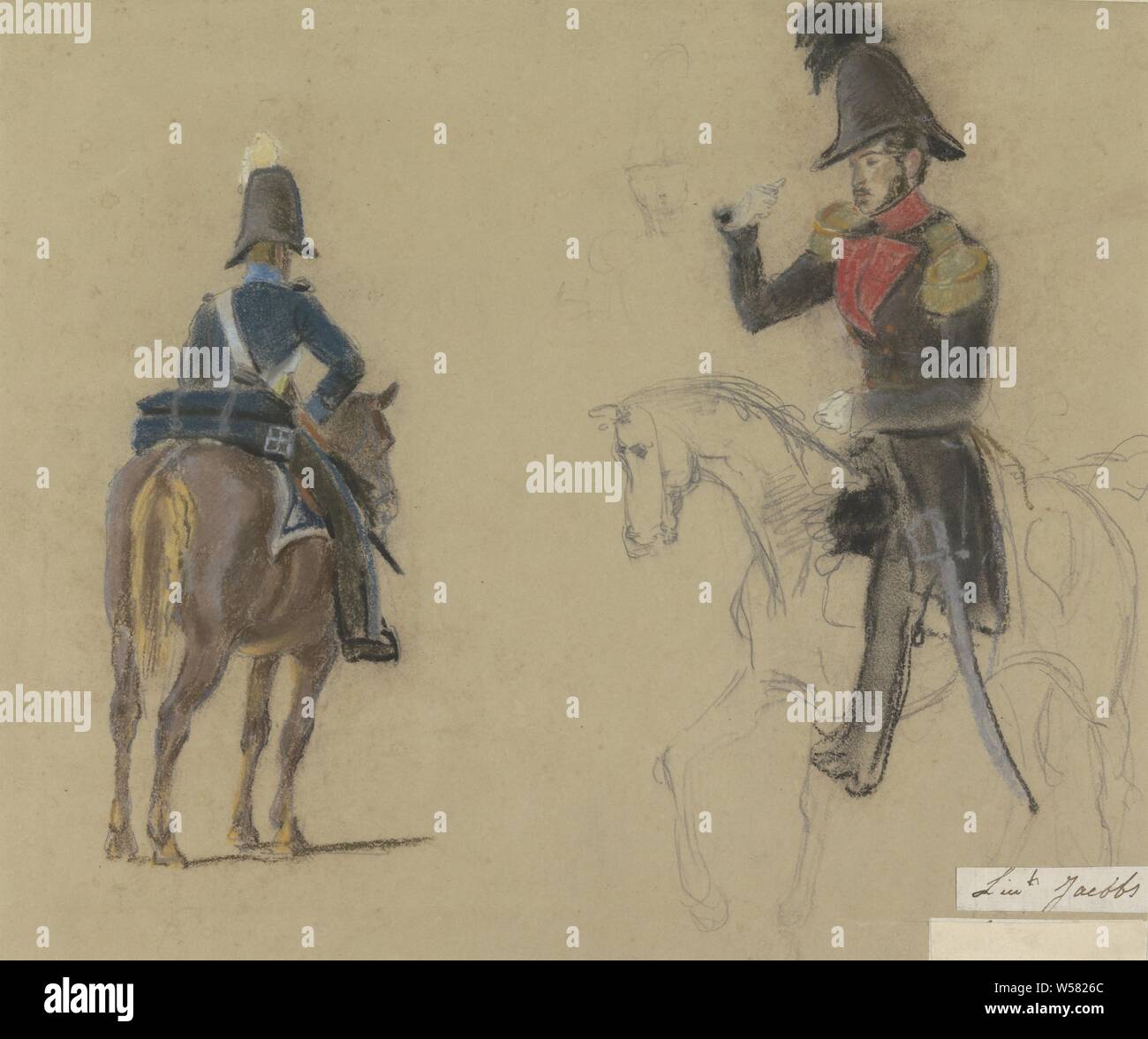 Portrait of Lieutenant Jacobs, on horseback, officer (with NAME of rank), historical person (LUITENANT JACOBS) - historical person (LUITENANT JACOBS) portrayed, lieutenant Jacobs, Jacob Joseph Eeckhout, 1803 - 1861, paper, pencil, h 270 mm × w 325 mm Stock Photo