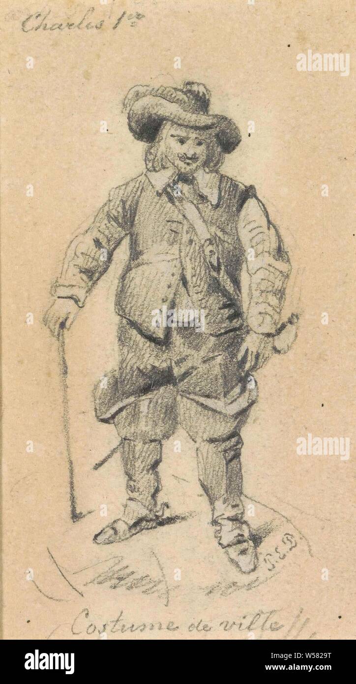 Costume study of standing knight, historical costume, (military) uniforms, Petrus Emanuel Dielman, 1810 - 1858, paper, pencil, h 81 mm × w 46 mm Stock Photo