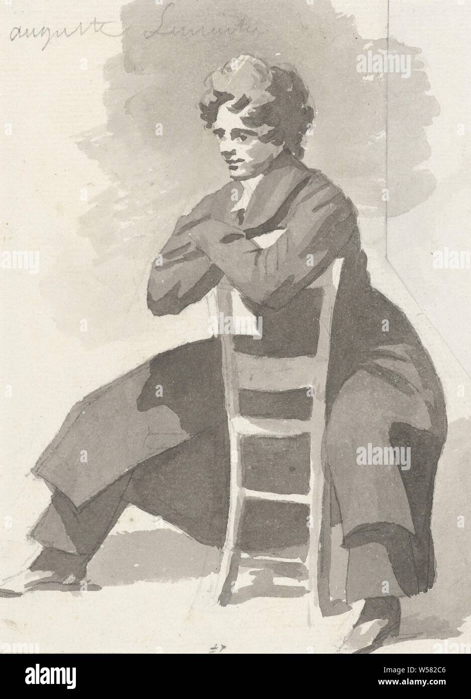 Portrait of Augustin Lemaitre, sitting on a chair, Camille Chenou Levesque, 1800 - 1900, paper, pencil, brush, h 167 mm × w 120 mm Stock Photo