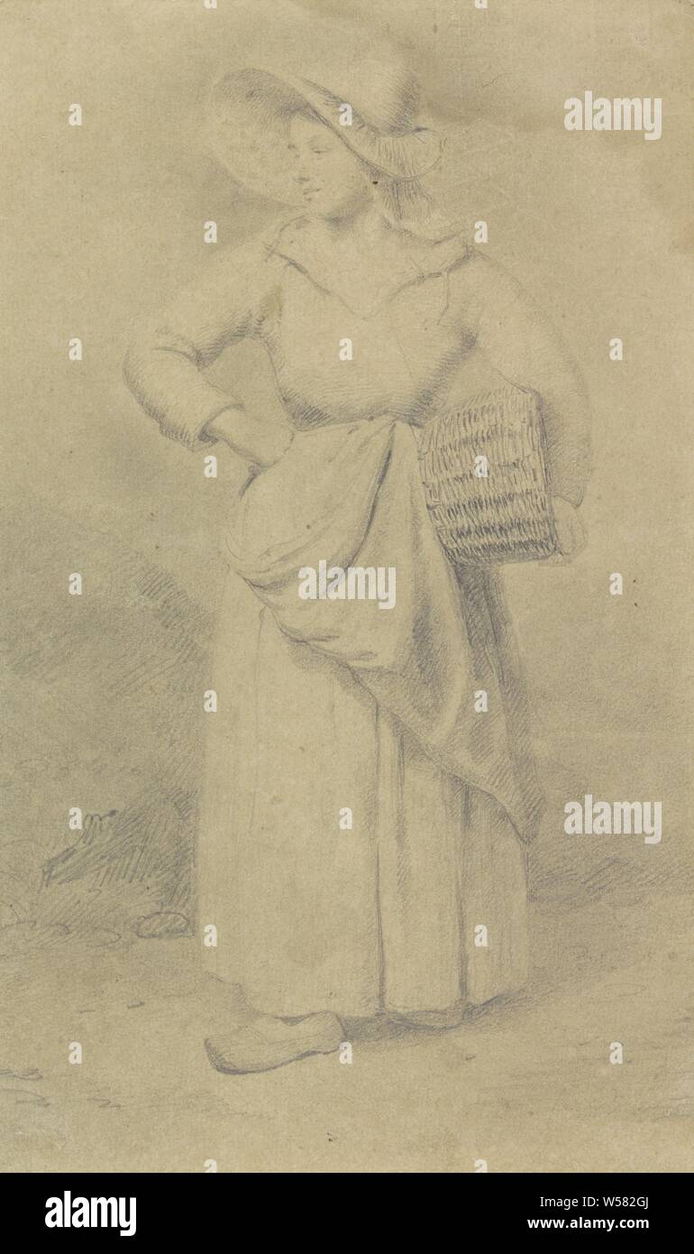 Standing maidservant with a basket under her arm, maid, house personnel, Gustave Wappers, 1813 - 1874, paper, pencil, h 210 mm × w 125 mm Stock Photo