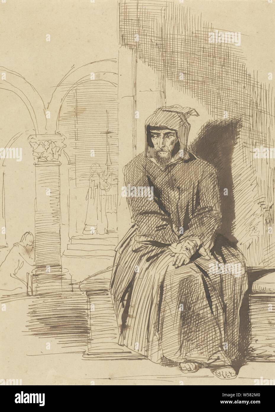 Seated monk, in contemplation, while mass is being celebrated in the background, Louis Boulanger, 1816 - 1867, paper, ink, brush, h 262 mm × w 190 mm Stock Photo