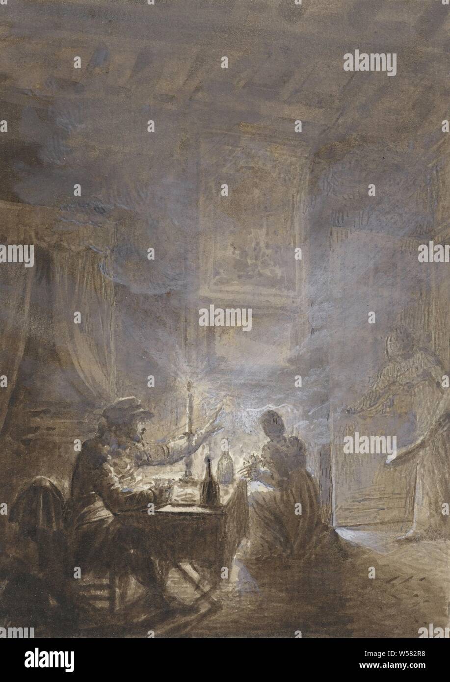 The smoking fireplace, Interior with a smoking fireplace, on the left an old man at a set table, one maid kneels in front of the hearth, another comes rushing through the door., Jean Baptiste Isabey, 1777 - 1855, paper, ink, brush, h 127 mm × w 90 mm Stock Photo