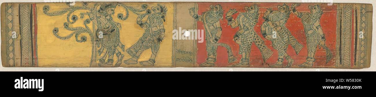 Figure-playing figure and two dancing women, The left-hand side of the cardboard strip is described with ancient Indian script, the right-hand side contains the representation, between the show and on both sides of show and text a number of decorative bands in black and colors. The strip has a punch hole in the middle and is further evenly divided between text and representation., anonymous, Orissa, 1800 - 1900, cardboard, brush, h 40 mm × w 206 mm Stock Photo