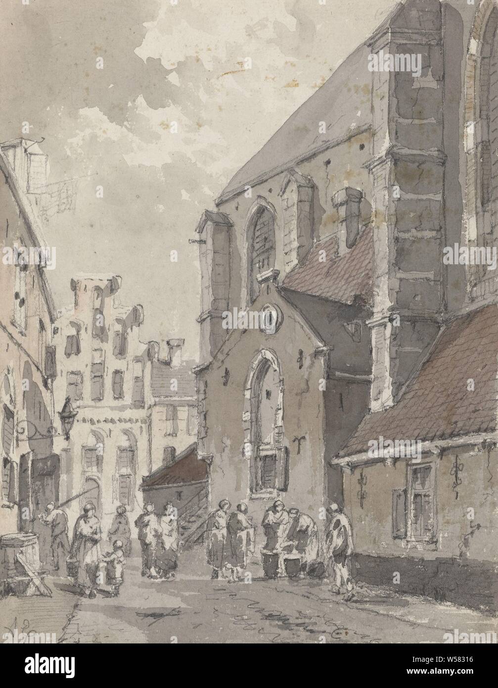View in Amersfoort, right part of the St. Joriskerk, Adrianus Eversen (mentioned on object), 1828 - 1897, paper, pencil, brush Stock Photo