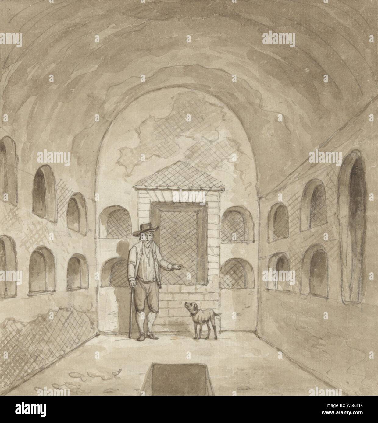 A guide in a catacomb near Pozzuoli, Drawing from a group of drawings of landscapes and cityscapes in Italy (Rome, Tivoli, Civita Castellana and Pozzuoli), catacombs, guide (conducted tour), Pozzuoli, Daniel Dupré, Italy, 1761 - 1817, paper, ink, chalk, brush, h 163 mm × w 156 mm Stock Photo