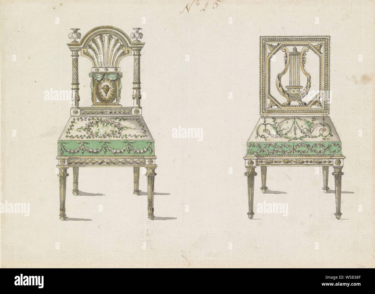 Two chairs Two chairs, chair, anonymous, Paris, c. 1780 - c. 1785, paper, ink, watercolor (paint), brush, h 170 mm × w 238 mm Stock Photo