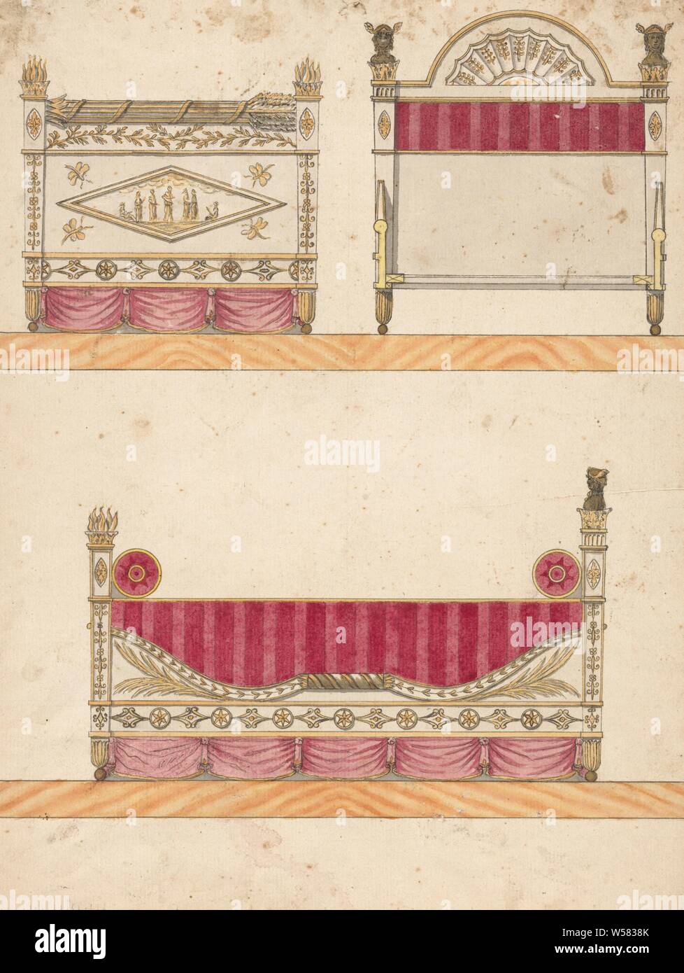 Design for a bedstead, Design for front view, back wall and side view of a bedstead awarded by Mercuriusbustes., Bed, anonymous, Paris (possibly), c. 1790, paper, watercolor (paint), graphite (mineral), pen, h 369 mm × w 268 mm Stock Photo