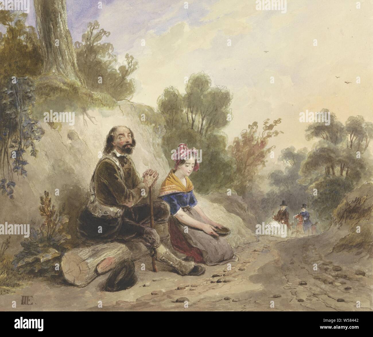 Blind man and girl, begging on a country road side, blind, blindness, beggar, Jacob Joseph Eeckhout, 1803 - 1861, paper, watercolor (paint), brush, h 222 mm × w 265 mm Stock Photo