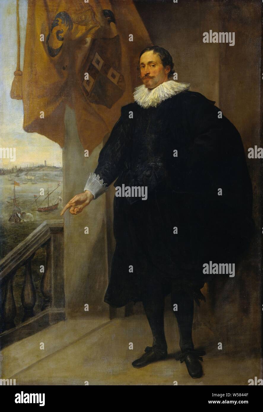 Nicolaes van der Borght, Merchant of Antwerp, Portrait of Nicolaes van der Borght, merchant in Antwerp. Standing, full-length and pointing with the right hand, on a balcony with a staircase and a large curtain. On the left a view of the speech of Dunkirk, historical persons, Dunkirk, Anthony van Dyck, 1625 - 1635, canvas, oil paint (paint), h 201 cm × w 141 cm d 8 cm Stock Photo