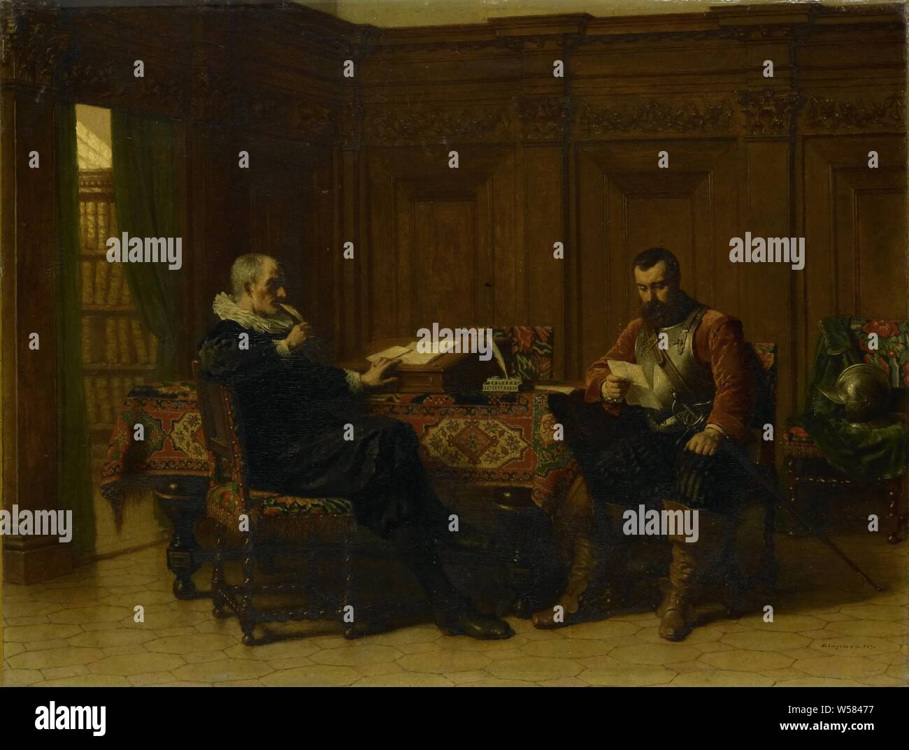 Two Men in a Seventeenth-Century Interior, Called 'A Conference', Presentation entitled 'A Conference'. A seventeenth-century interior with two men seated at a table. The man on the left has letters on his desk and an ink set, the officer on the right reads a letter., Lambertus Lingeman, 1870, panel, oil paint (paint), h 38.3 cm × w 50 cm × t 1.0 cm d 9 cm Stock Photo
