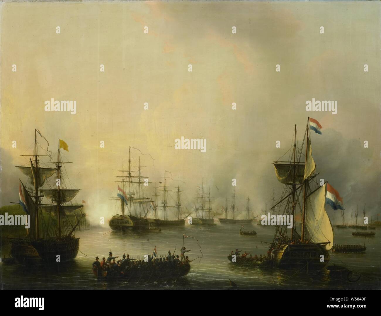 The Bombardment of Palembang, Sumatra, 24 June 1821, The shooting of Palembang on Sumatra on 24 June 1821 by the Dutch fleet. The Dutch warships lie off the coast of Sumatra, a few sloops sail between the ships., Martinus Schouman, 1821 - 1848, canvas, oil paint (paint), h 70.5 cm × w 93 cm × t 3.7 cm Stock Photo