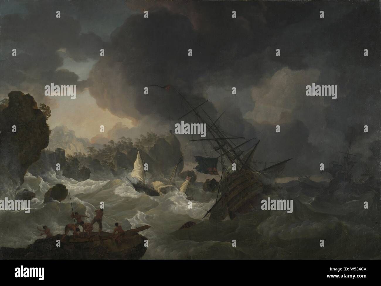 The Shipwreck, The Shipwreck. English warships and a Moroccan three-mast in distress during a storm off the North African coast, 1775. In the left foreground a group of five men on a rock near the coast. More to the back lightning bolts above a walled city on the coast., Hendrik Kobell, 1775, canvas, oil paint (paint), h 93.5 cm × w 135 cm × t 4.0 cm d 7.0 cm Stock Photo
