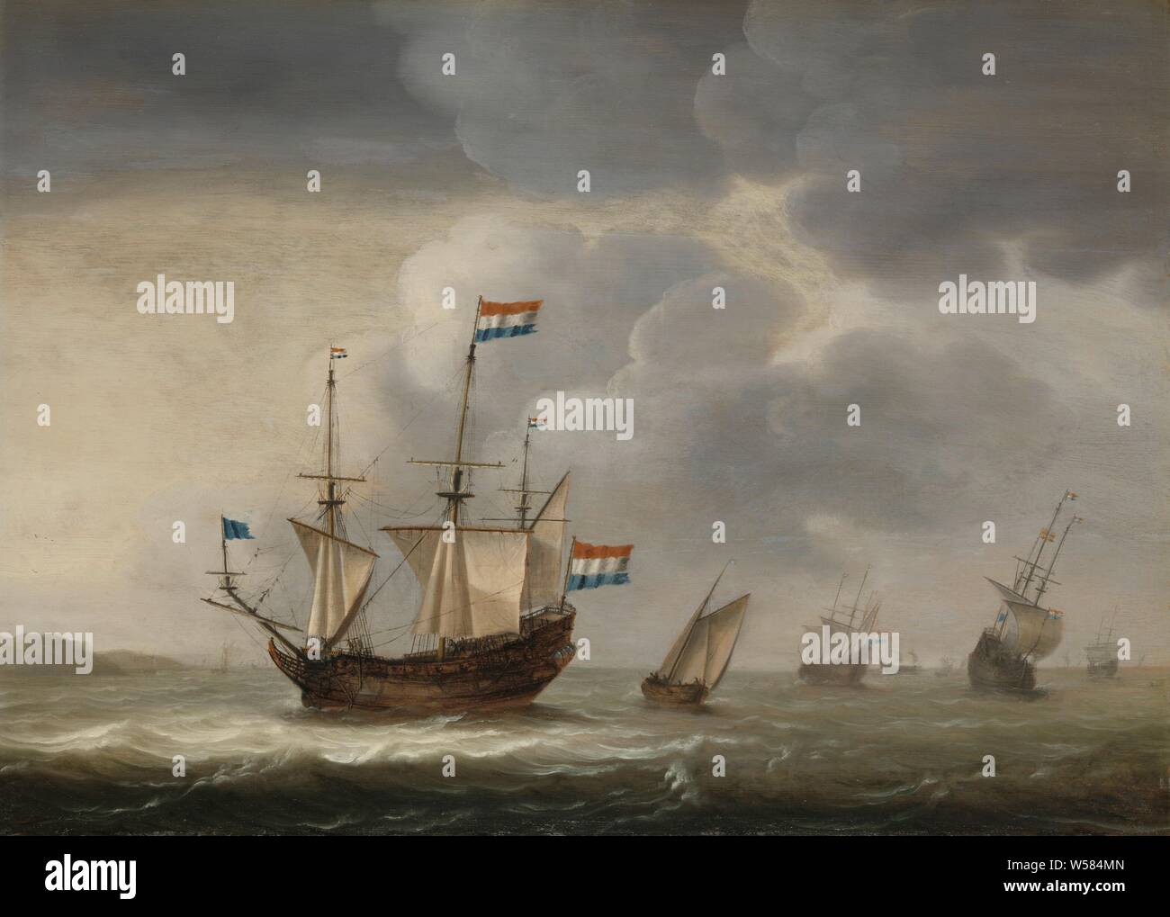 Ships off the Coast, Ships under the coast. Seascape with a warship and a few smaller ships., Jacob Gerritz. Loef, 1620 - 1670, panel, oil paint (paint), h 61 cm × w 84 cm d 8.5 cm Stock Photo