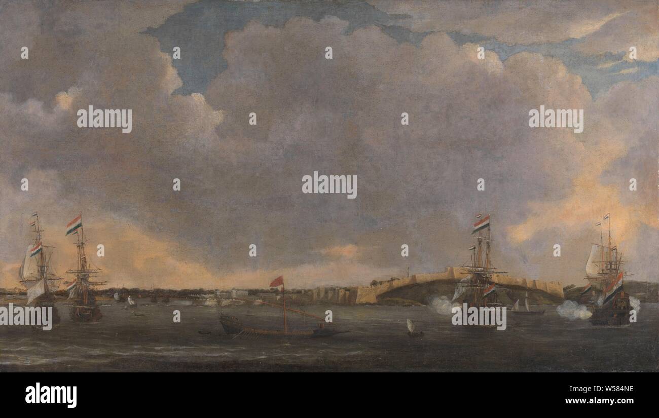 View of Tripoli, View of Tripolis or Tripoli on the Libyan coast. Four Dutch warships are lying off the coast, the ships on the right are firing their cannons. In the middle a galley, Tripoli, Reinier Nooms (signed by artist), Amsterdam, 1662 - 1668, canvas, oil paint (paint), support: h 62.6 cm × w 109.4 cm t 3.5 cm d 6.0 cm Stock Photo