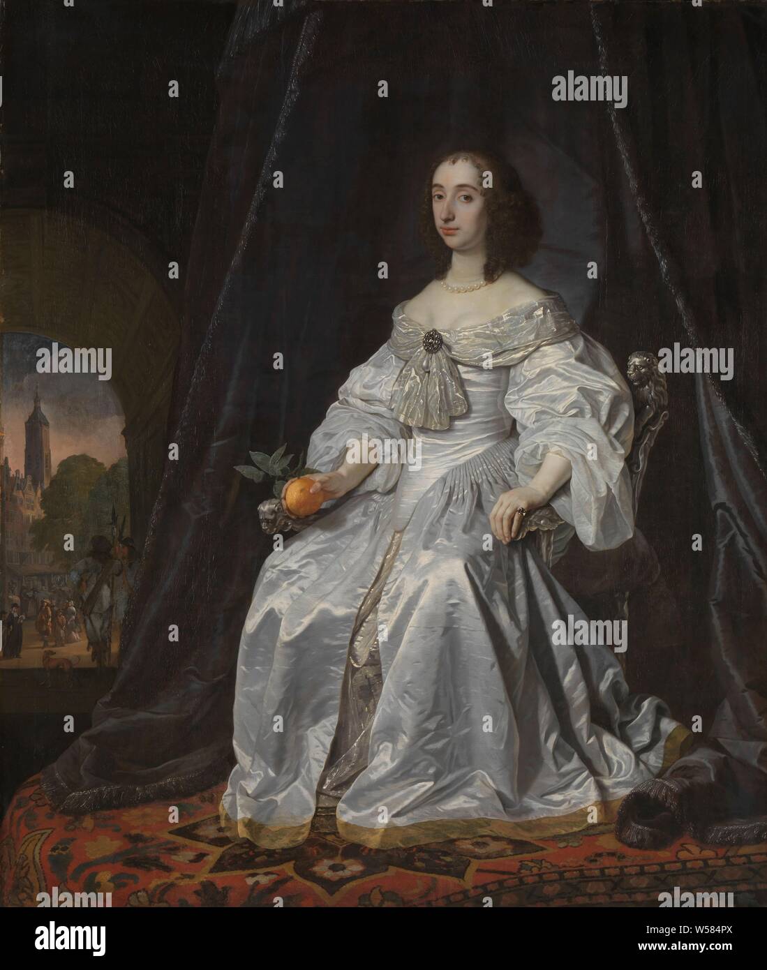 Mary Stuart, Princess of Orange, as Widow of William II Portrait of Princess Mary Stuart (1631-1660), Widow of Willem II, Prince of Orange, Princess Maria Stuart (1631-60). Widow of William II, Prince of Orange. Sitting in an armchair, full-length. In the right hand an orange apple. On the left a view to St. Jacob's Church in The Hague, historical persons - BB - woman, fruits: orange, Stadhouderspoort, Willem II (Prince of Orange), Maria Henrietta Stuart, Bartholomeus van der Helst, 1652, canvas, oil paint (paint), h 199.5 cm × w 170 cm Stock Photo