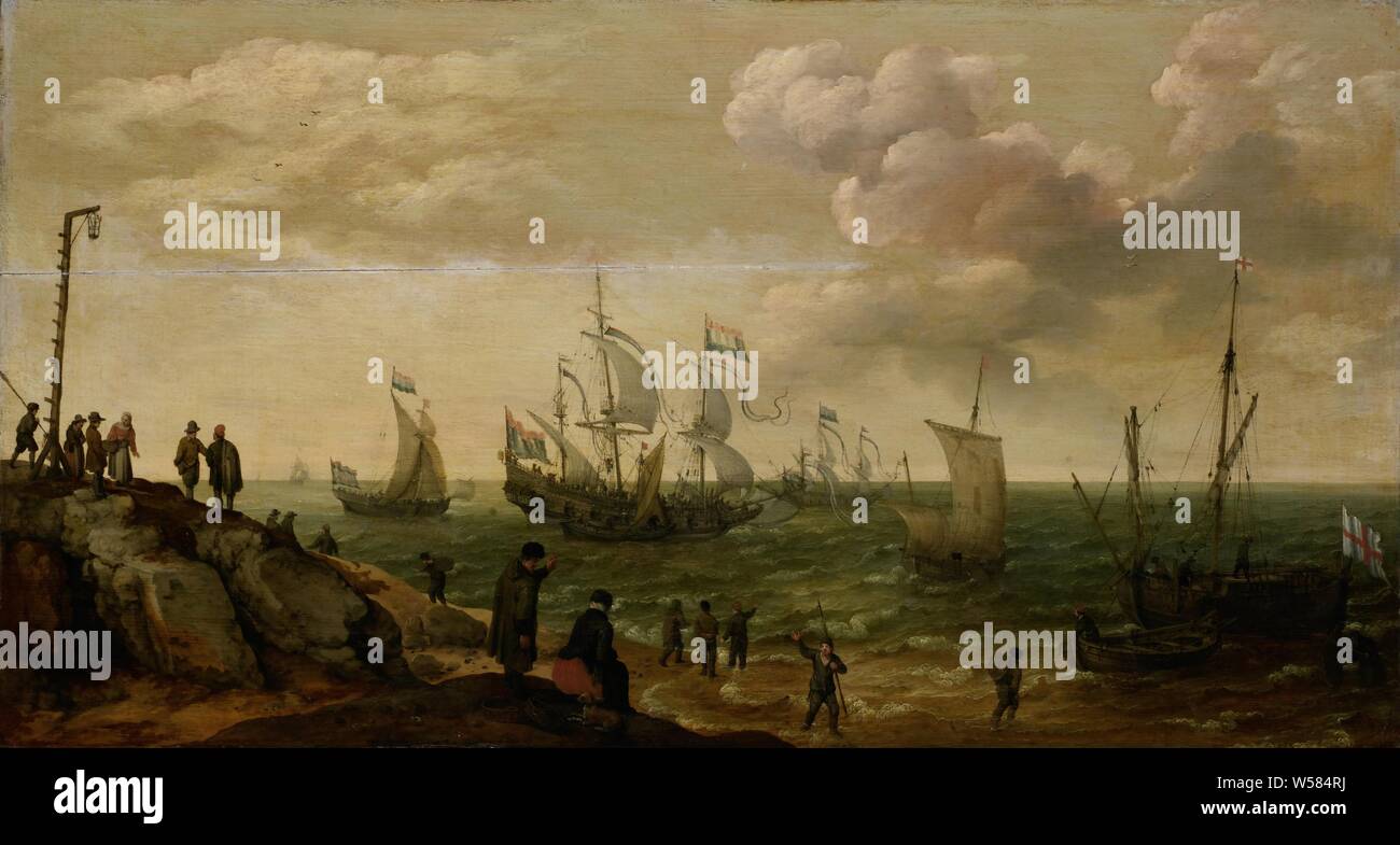 Ships along the Shore, Beach view with some Dutch ships off the coast. On the coast a beacon and several figures., Battle (sailing-ships), Sont, Adam Willaerts, 1628, panel, oil paint (paint), support: h 43 cm × w 79.5 cm d 7 cm Stock Photo