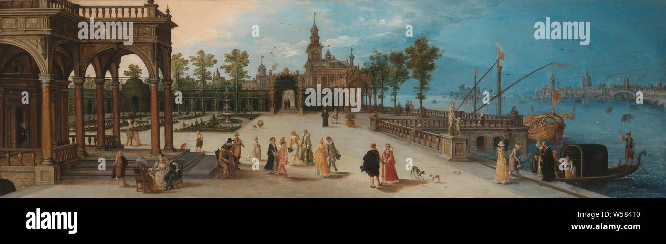 Elegant Party on a Terrace or a Venetian-inspired Setting, Elegant company on a terrace of a pleasure garden. In the middle three couples dance to the music of a group of musicians. On the right the arrival of a few people in a gondola. Everything in an environment inspired by Venice. Probably the lid of a virginal, garden, visiting, receiving guests, elegant company, musician - CC - out of doors, landscapes in the temperate zone, anonymous, Nederlanden, c. 1615, panel, oil paint (paint), h 51 cm × w 172 cm d 6.5 cm Stock Photo