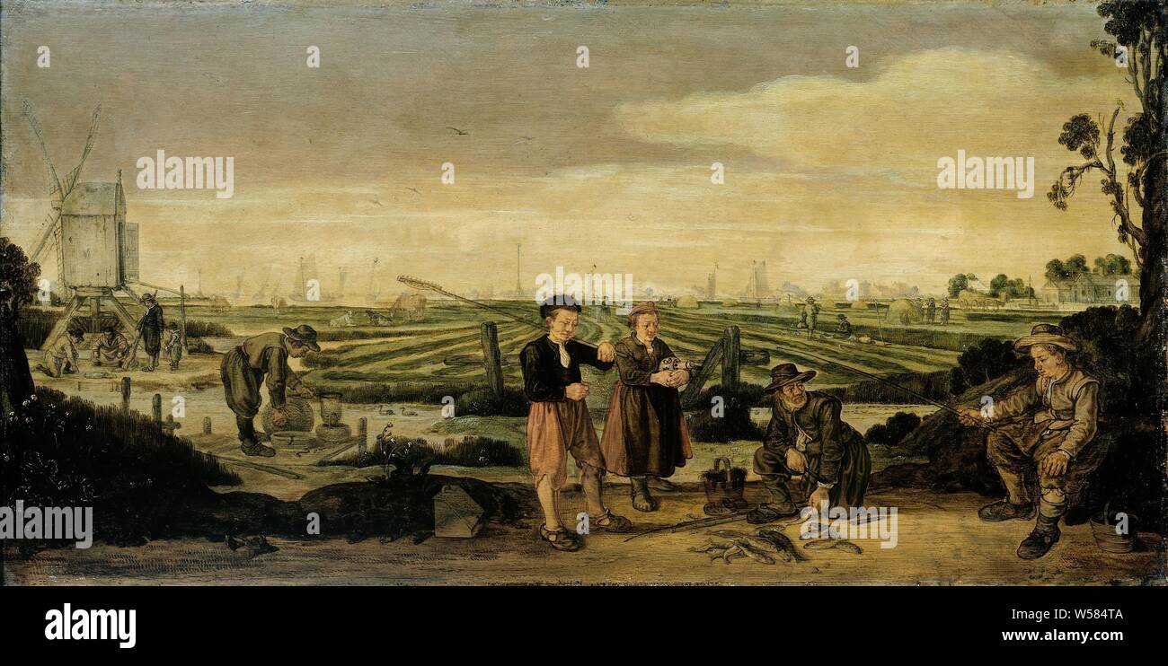 Fishermen and Farmers, Landscape with a group of fishermen and farmers. Hay is harvested in the fields behind and cattle are grazing. On the left, a dice is played., Arent Arentsz., c. 1625 - 1631, panel, oil paint (paint), support: h 25.5 cm × w 50.5 cm t 0.9 cm d 5.5 cm w 2 kg Stock Photo