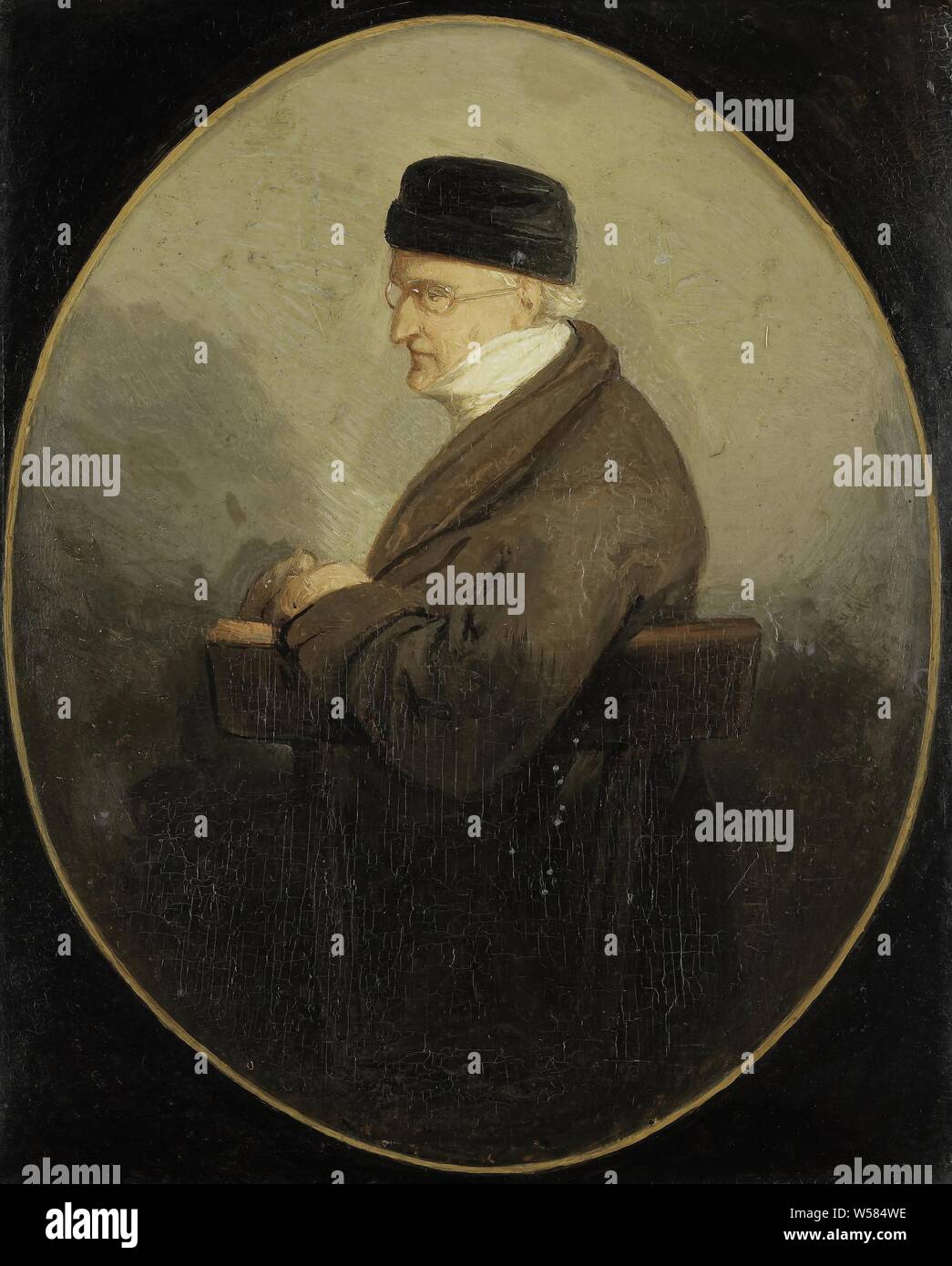 David Pierre Giottino Humbert the Superville (1770-1849), Painter and Writer, Portrait of David Pierre Giottino Humbert the Superville, painter and writer. Sitting in a chair, a black hat on the head., Jacobus Ludovicus Cornet, c. 1840 - c. 1849, panel, oil paint (paint), h 18.9 cm × w 16 cm d 4 cm Stock Photo