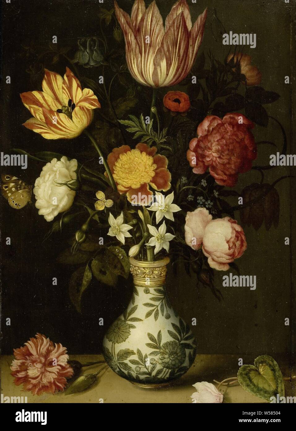 Still Life with Flowers in a Wan Li Vase, Still life with flowers in a Wan Li vase. Bouquet with tulips, roses and daffodils in a vase. On the stone plinth a carnation and a cyclamen, flowers in a vase, flowers: rose, flowers: tulip, flowers: narcissus, flowers: carnation, container or ceramics: jar, jug, pot, vase, Ambrosius Bosschaert, 1619, copper (metal), oil paint (paint), support: h 31 cm × w 22.5 cm Stock Photo