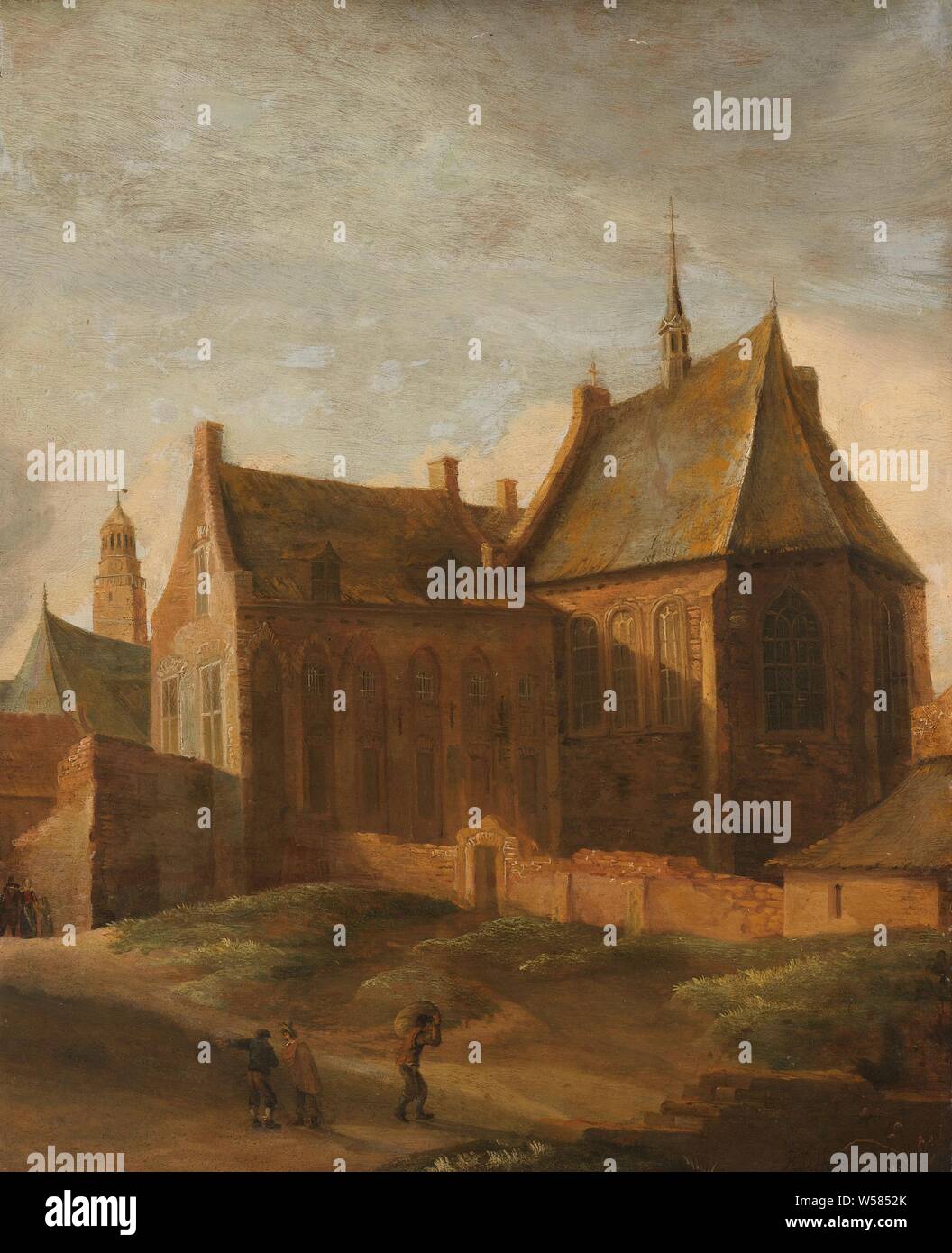 Convent of Saint Agnes in Utrecht, View of the Agnietenklooster in Utrecht, outside the walls. In the foreground a few figures., Pieter des Ruelles, 1650 - 1658, panel, oil paint (paint), h 60 cm × w 49 cm Stock Photo